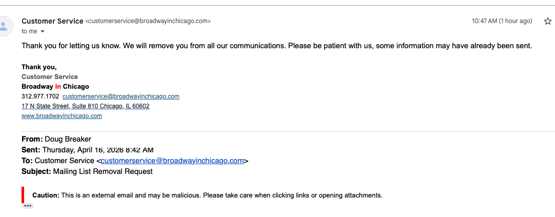 Broadway In Chicago opt-out confirmation email — customer service confirms removal from all communications