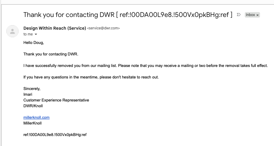 Design Within Reach opt-out confirmation email — customer experience rep Imari confirms mailing list removal with reference number