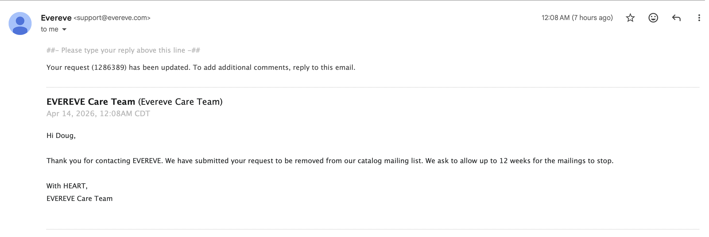 Evereve catalog opt-out confirmation email — request to be removed from mailing list confirmed same day