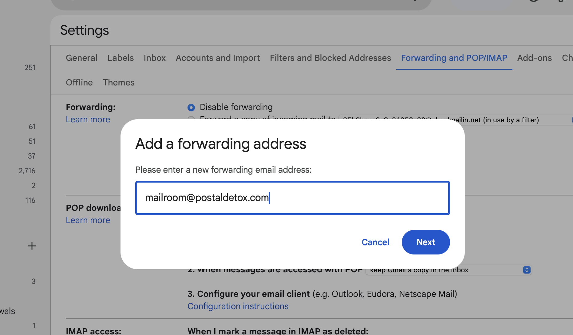 Gmail dialog box for adding a forwarding address with mailroom@postaldetox.com entered in the field