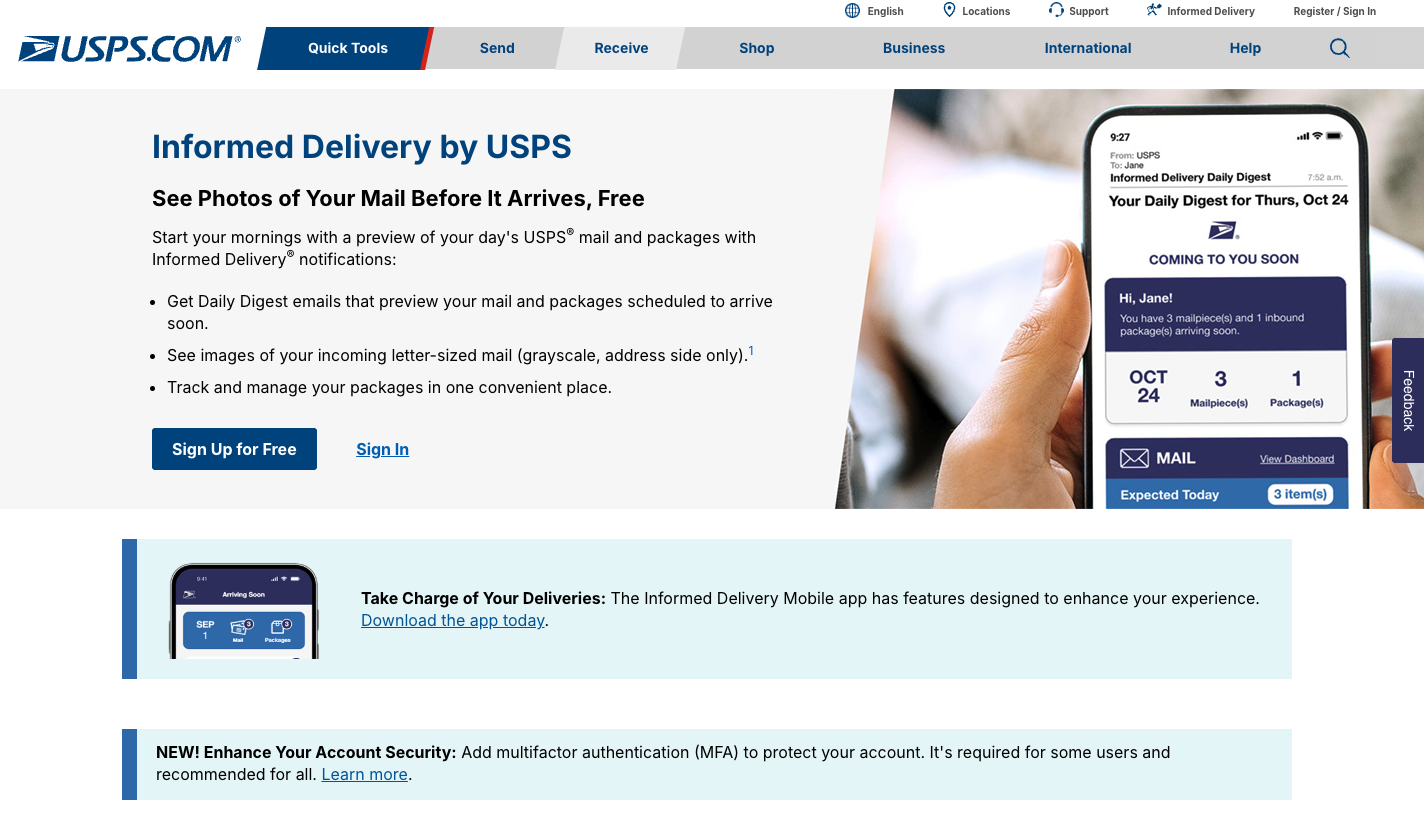USPS Informed Delivery landing page with a blue 'Sign Up for Free' button