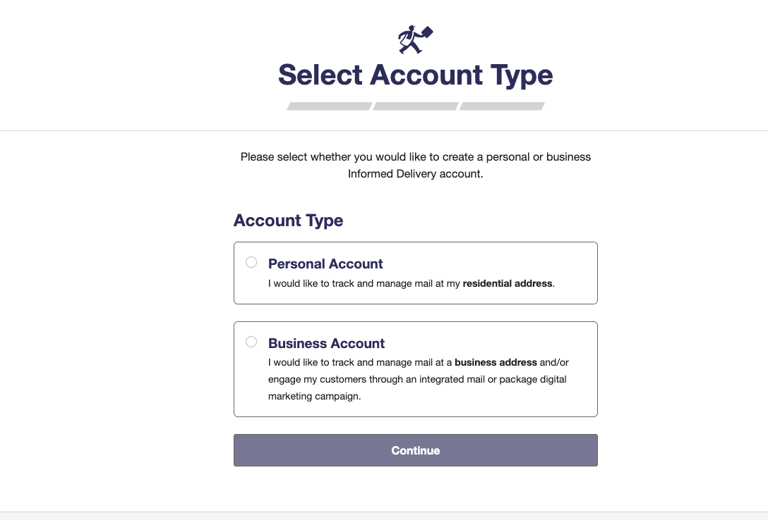 USPS 'Select Account Type' screen with Personal Account and Business Account radio buttons