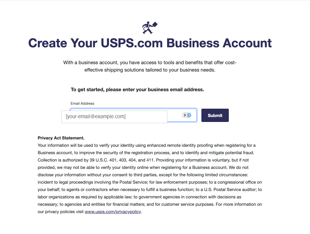'Create Your USPS.com Business Account' screen asking for a business email address