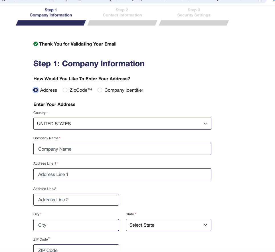 'Step 1: Company Information' form with Company Name, Address Line 1, Address Line 2, City, State, and ZIP Code fields