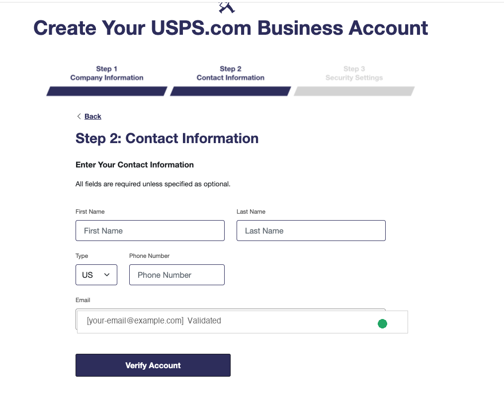 'Step 2: Contact Information' form with First Name, Last Name, Phone Number, and validated Email fields