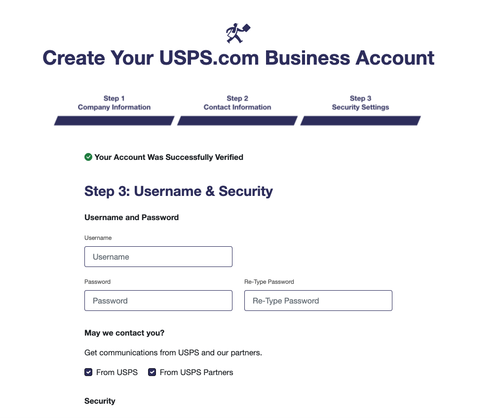'Step 3: Username & Security' form with Username, Password, Re-Type Password fields and communication preference checkboxes