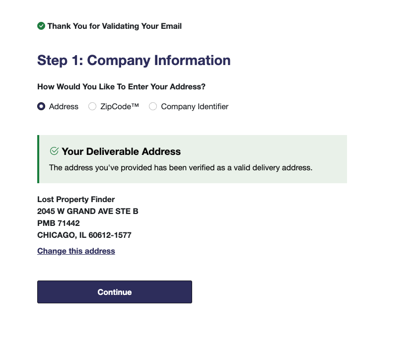 USPS 'Your Deliverable Address' confirmation showing the address has been verified as a valid delivery address, with the business name, street address, PMB number, city, state, and ZIP