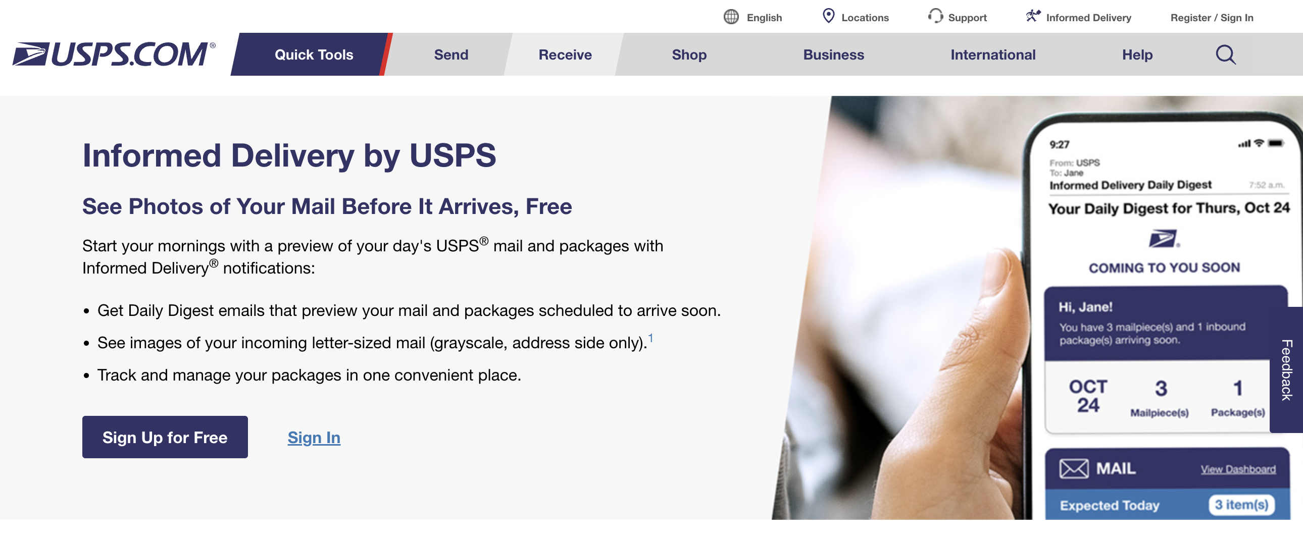 The USPS Informed Delivery homepage — a free service that emails you photos of your mail before it arrives