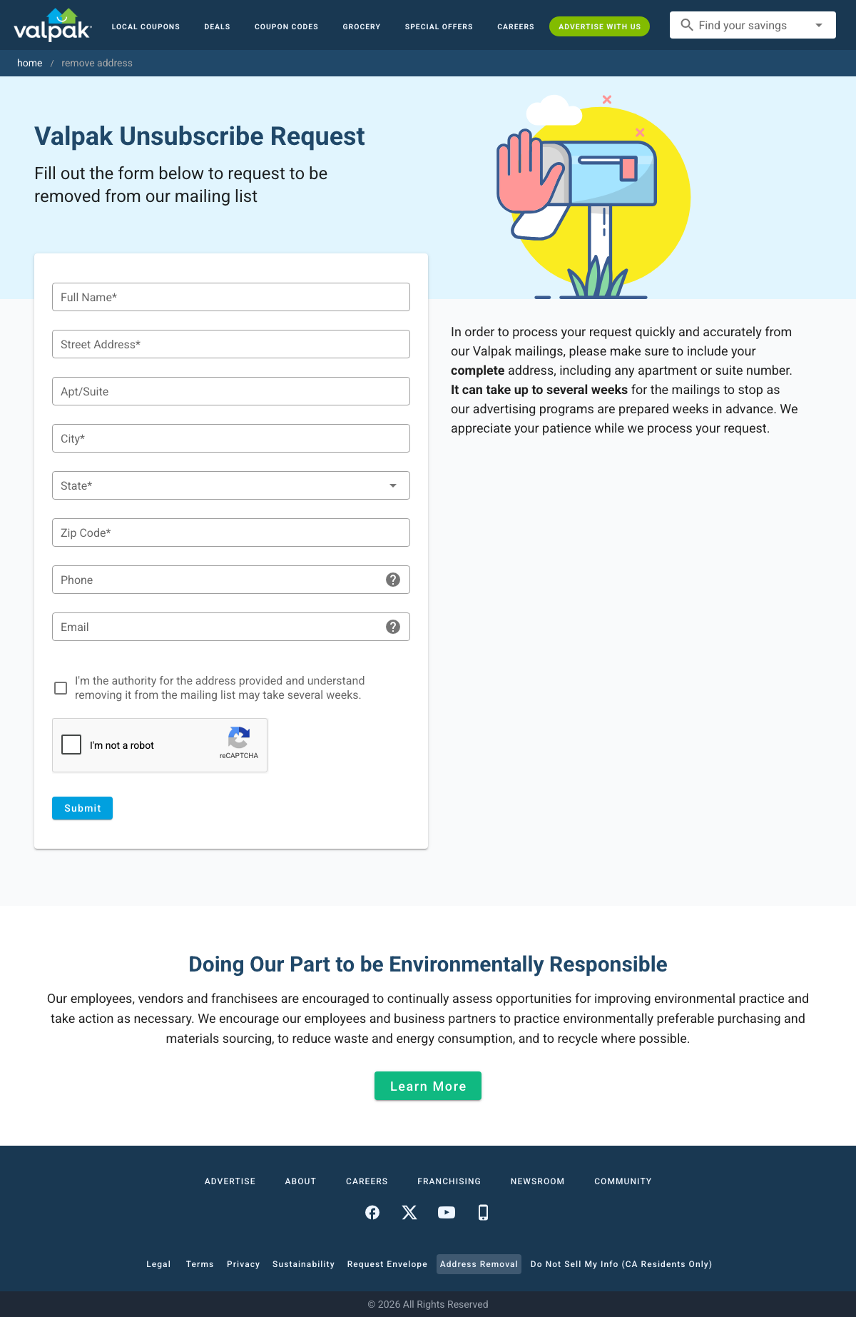 The Valpak Unsubscribe Request form at valpak.com/remove-address, showing fields for full name, street address, apartment or suite, city, state, ZIP code, phone, and email