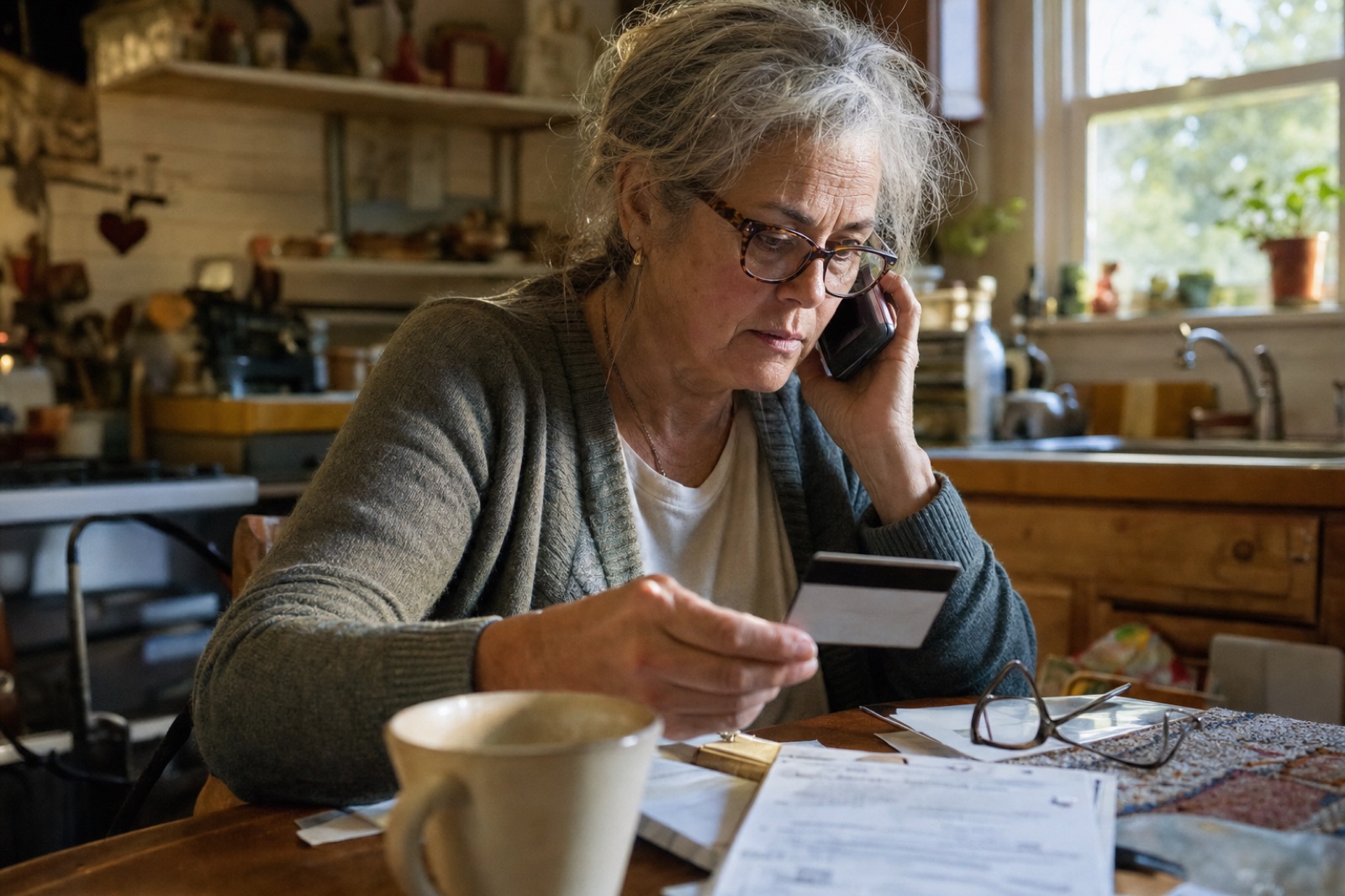 Woman at her kitchen table paying a bill over the phone with a credit card in her hand