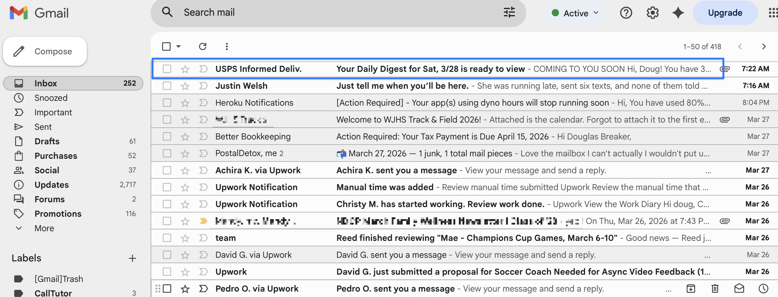 Gmail inbox showing a USPS Informed Delivery email highlighted and ready to open