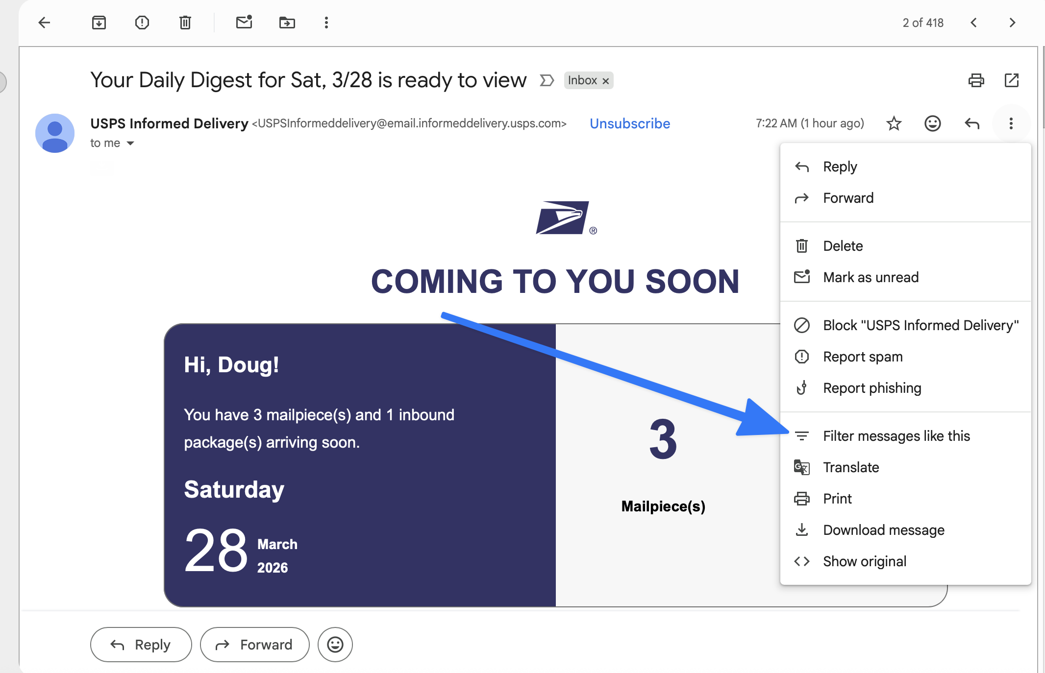 Gmail email open with the three-dot menu expanded, showing the Filter messages like this option highlighted with an arrow