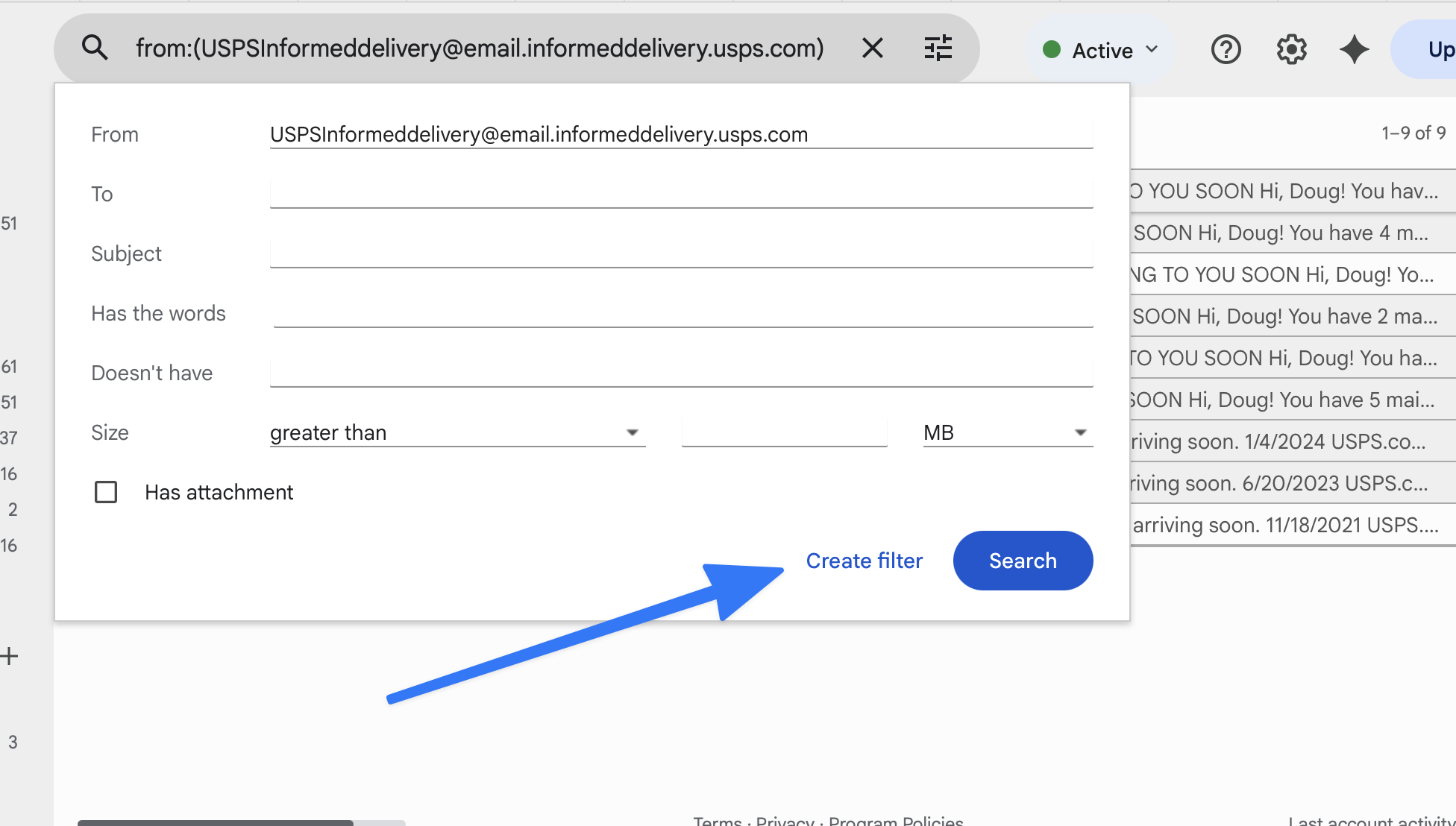 Gmail filter creation dialog showing the From field pre-filled with the sender's email address and a Create filter button