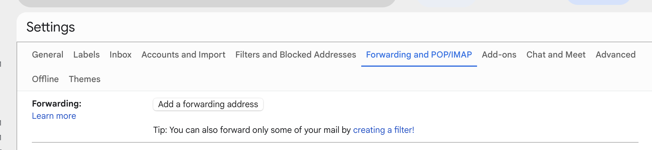 Gmail Settings showing the Forwarding and POP/IMAP tab with the Add a forwarding address button