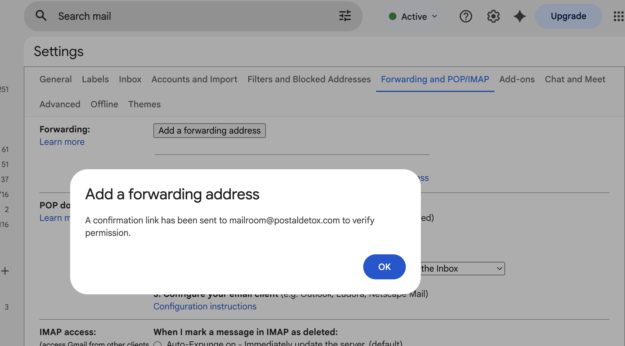 Gmail dialog confirming that a verification link has been sent to the forwarding address