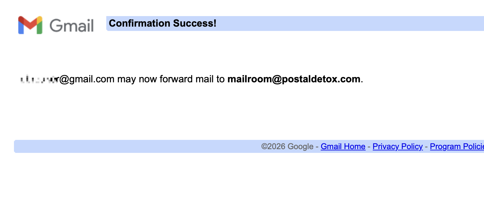 Gmail confirmation success page showing that the forwarding address has been verified